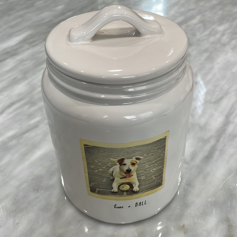 RAE DUNN “Have a Ball” Ceramic Dog Treat Cookie Jar Canister.